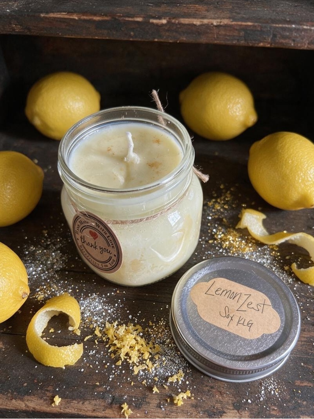 Handmade Lemon Zest Soy 8 oz Wax Candle - Single Wick- Yellow/ Cream Color - Picture 2 of 3